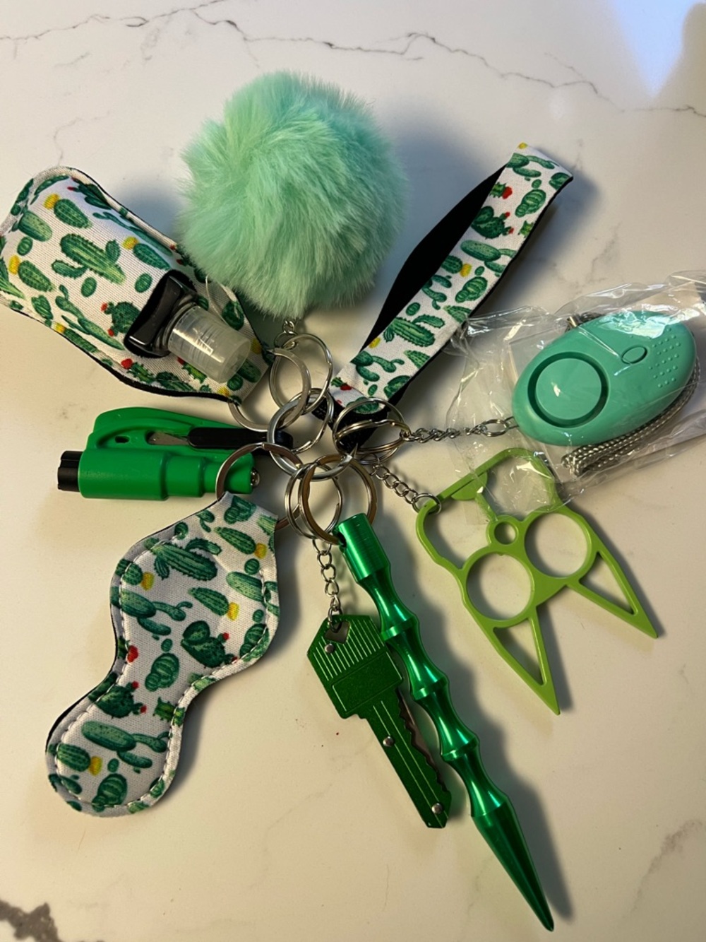 Self Defense Key Chain - Color Cactus Green Green Keychain Set with Pom Pom